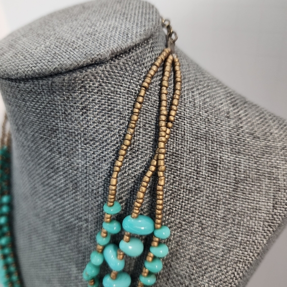 Layered Turquoise Glass Bead Statement Necklace Brass Seed Beads 16–19" - Picture 4 of 8